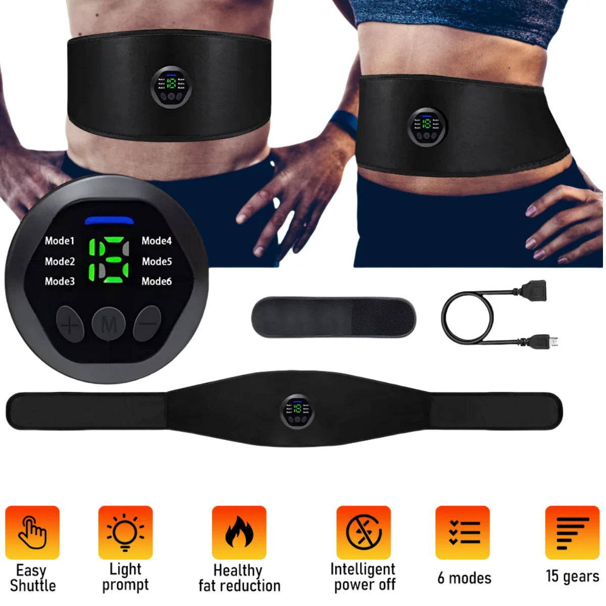 Wireless Ab Belt Abdominal Muscle Toner,  EMS Smart Fitness Belt, Portable Ab Stimulator with 6 Modes 15 Intensity Levels Toning Belt, Fitness Workout Equipment for Men Women